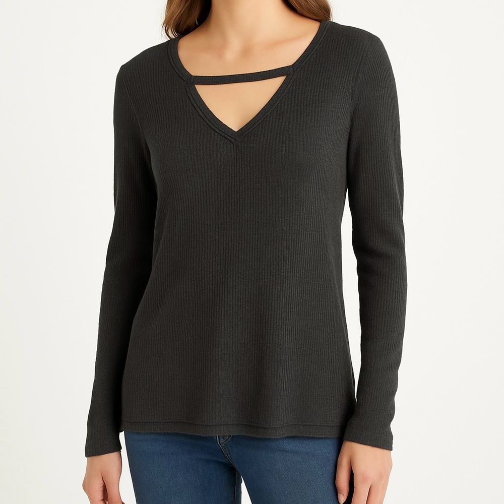T. La Anthropologie Gray Thermal Knit Long Sleeve V Neck Top Women’s Size XS